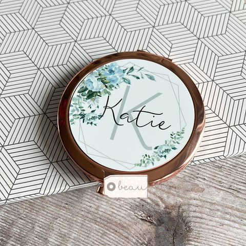 Personalised Initial and Name Pale Blue Greenery Design Compact Mirror