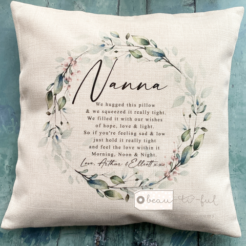 Personalised We/I hugged this pillow…. Pink Floral Botanical Greenery Design Home Quote Cushion