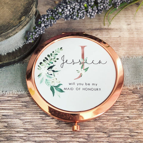 Personalised Initial and Name Will you be Bridesmaid Botanical Design Rose Gold Compact Mirror