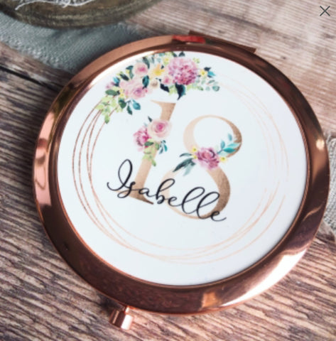 Personalised Age Name Floral Hoop Rose Gold Compact Mirror
