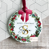 Personalised Name Merry Christmas Bow greenery Ceramic round Tree Decoration