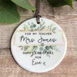 Personalised For my Teacher Teaching Assistant Christmas Framed Greenery Ceramic Round Decoration Ornament Keepsake