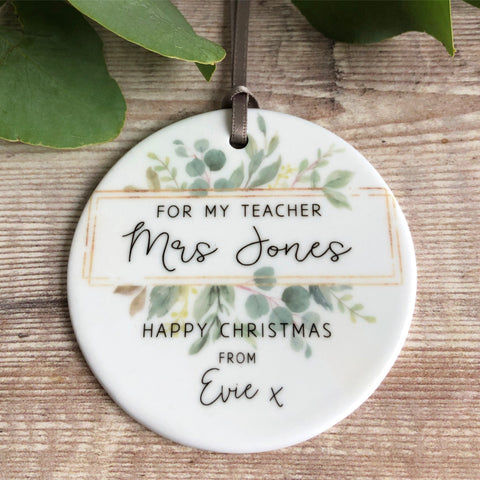 Personalised For my Teacher Teaching Assistant Christmas Framed Greenery Ceramic Round Decoration Ornament Keepsake