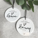 Personalised Baby First Christmas Monochrome Heart Ceramic Round Decoration Ornament Keepsake