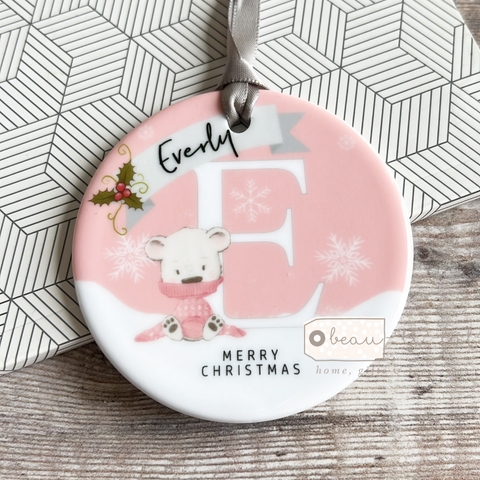 Personalised Merry Christmas Gift Boy Girl Snowflake bear Ceramic or Acrylic Round Decoration