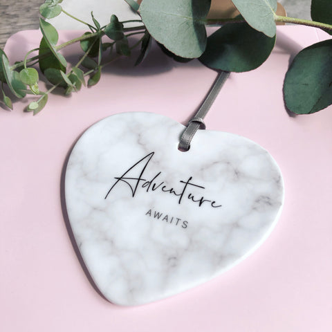 Adventure Awaits... Quote Marble Style Ceramic Hanging Heart