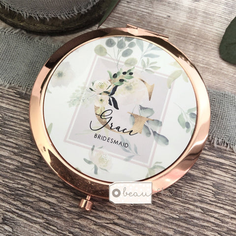 Personalised Initial and Name Peach Floral Greenery Compact Mirror