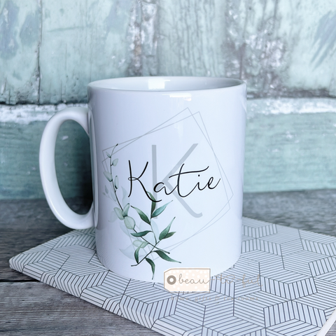 Personalised Name and Initial Mug with Modern Greenery Detail