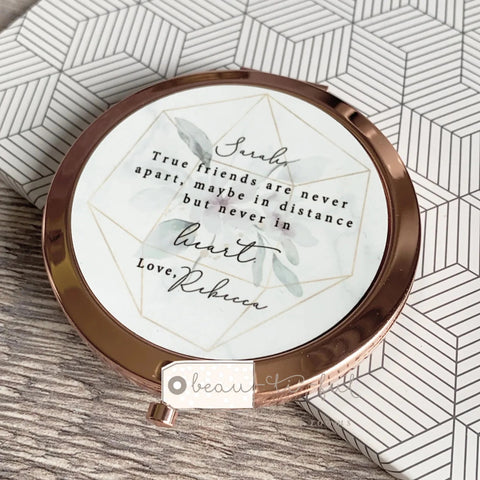 Personalised True friends are never apart Friend Quote Floral Greenery Rose Gold Compact Mirror