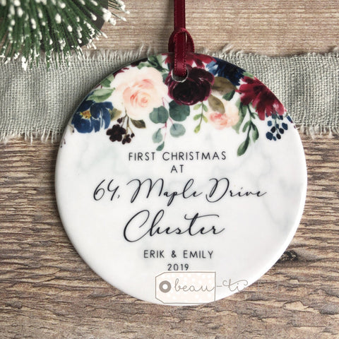 Personalised First Christmas At new home address Burgundy Floral Ceramic Ornament ... - Keepsake Decoration