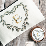 Personalised Name and Initial.. Greenery Heart Design Linen Style Make Up Bag