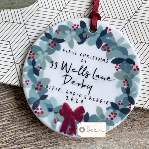 Personalised First Christmas at Address New Home Traditional Wreath Botanical Ceramic Round Decoration Ornament