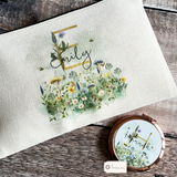 Personalised Name .. Meadow Flowers Greenery Design Linen Style Make Up Bag