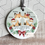 Personalised First Christmas as a family of 3 4 5 Woodland Fox Gift Boy Girl Acrylic or ceramic Round Decoration