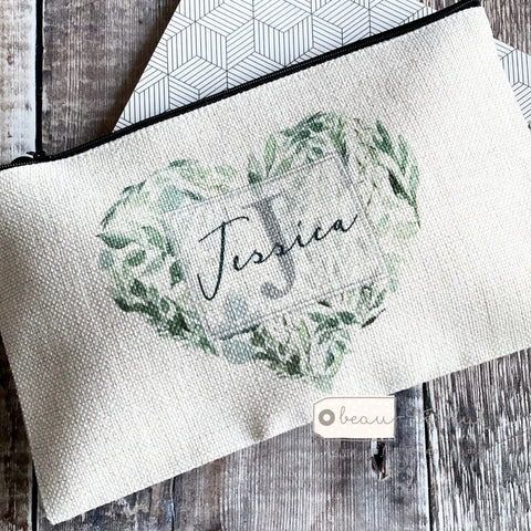 Personalised Name and Initial.. Eucalyptus Heart Design Linen Style Make Up Bag