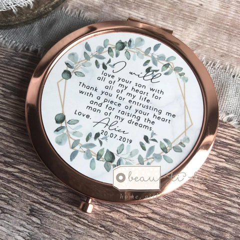 Personalised Mother of Groom Bride Thank you from Bride Groom  Geometric Greenery Silver Compact Mirror