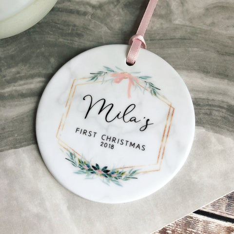 Personalised First Christmas Baby Girl Marble Style Quote Botanical Ceramic Round Decoration Ornament Keepsake
