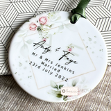 Personalised Just Married Mr & Mrs Wedding  Pink floral Greenery Ceramic Ornament Keepsake