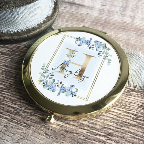 Personalised Initial and Name Blue Floral Design Rose Gold Compact Mirror