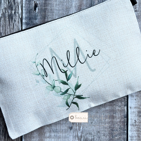 Personalised Name and Initial.. Modern Greenery Design Linen Style Make Up Bag