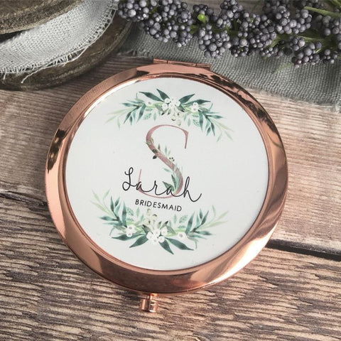 Personalised Initial and Name Botanical Design Rose Gold Compact Mirror