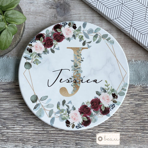 Personalised Name and Initial Burgundy Floral Ceramic Round Coaster