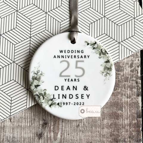 Personalised Mr & Mrs Wedding Anniversary Years Eucalyptus Greenery Ceramic Ornament Keepsake
