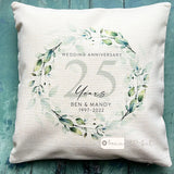 Personalised Wedding Anniversary Foliage Greenery Wreath Design New Home Quote Linen Style Cushion