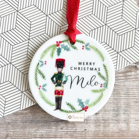 Personalised Merry Christmas Nutcracker theme Holly Wreath Greenery Ceramic Round Decoration