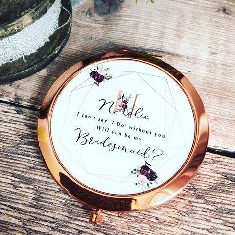 Personalised Initial and Name Will you be my Bridesmaid Maid of Honour Burgundy Floral Geometric Compact Mirror