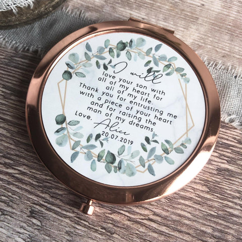 Personalised Mother of Groom Bride Thank you from Bride Groom Quote Geometric Greenery Rose Gold Compact Mirror