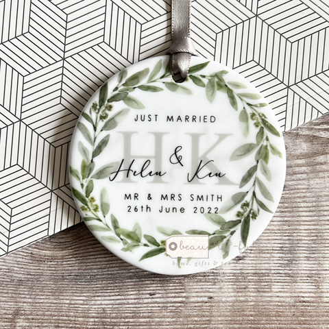 Personalised Just Married Mr & Mrs Wedding  Eucalyptus Wreath Ceramic Ornament Keepsake