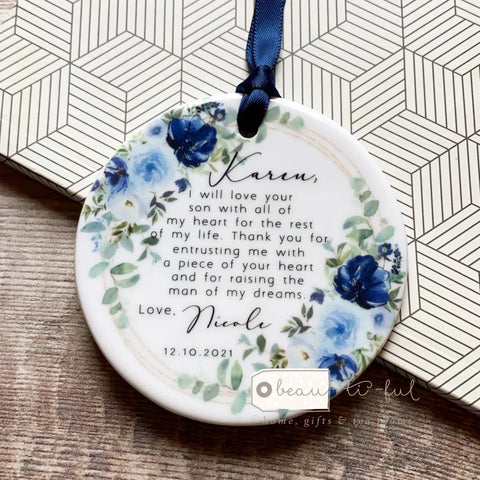 Personalised Mother of Groom Bride Thank you.. Quote Blue Bouquet Ceramic Keepsake