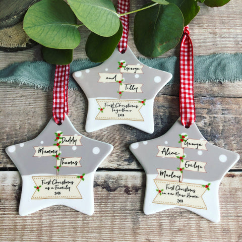 Personalised First Christmas Together Engaged Signpost Ceramic Star Decoration Ornament