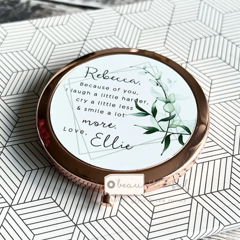Personalised Because of you Thank you Friend Quote Modern Greenery Rose Gold Compact Mirror