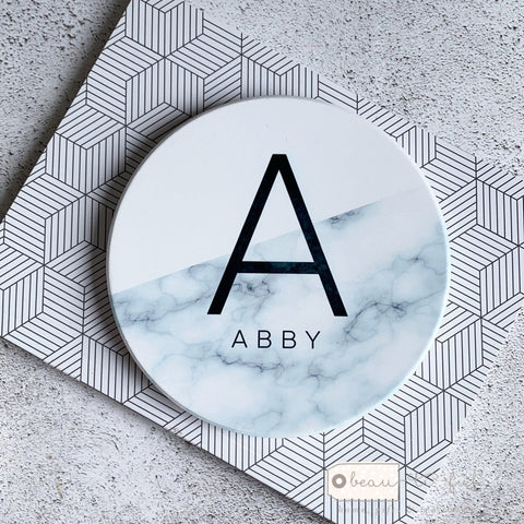 Personalised Name and Initial Marble style Ceramic Round Coaster