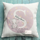 Personalised New Baby Elephant ...  Linen Style Cushion - New Born - Birth - Baby Girl Boy