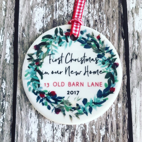 Personalised First Christmas In our New Home Address Wreath Round Ceramic Tree Hanger Decoration Ornament