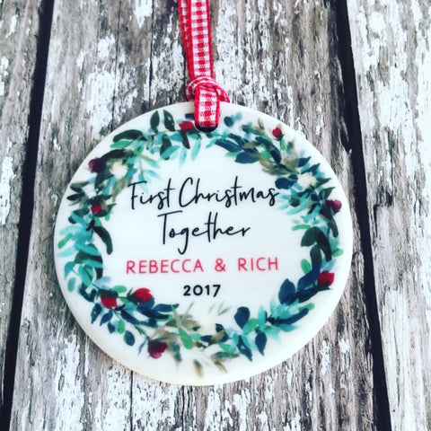 Personalised First Christmas Together Wreath Round Ceramic Tree Hanger Decoration Ornament