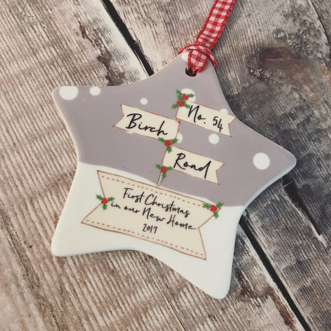 Personalised First Christmas In New Home with Address line Signpost Ceramic Star Christmas Decoration Ornament