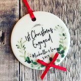 First Christmas Engaged Botanical Round Ceramic Tree Hanger Decoration Ornament