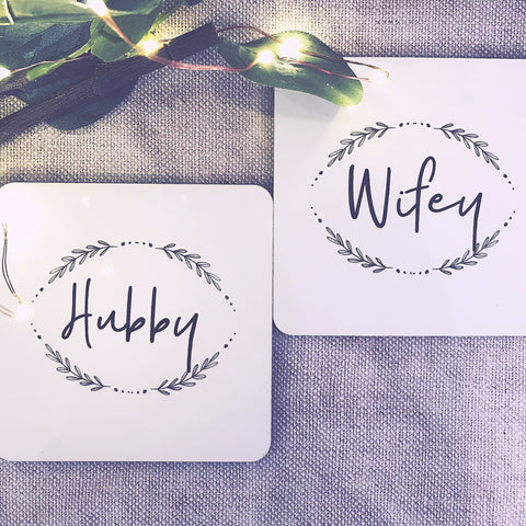 Hubby and Wifey Coaster Set - Saying Coasters- Wedding