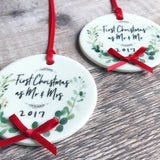 First Christmas as Mr & Mrs Mr & Mr Mrs & Mrs Botanical Round Ceramic Tree Hanger Decoration Ornament