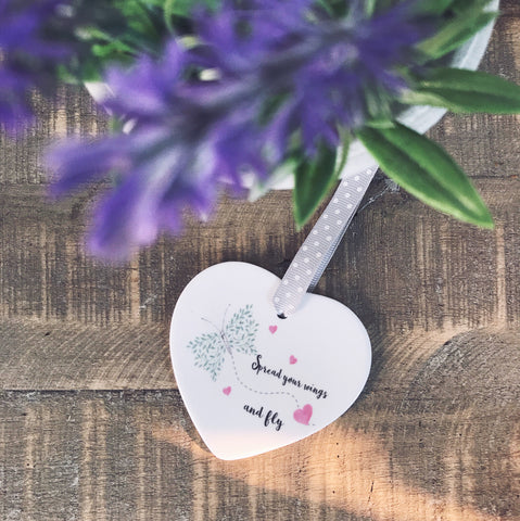 Spread your Wings and Fly Butterfly Quote Detail Ceramic Heart