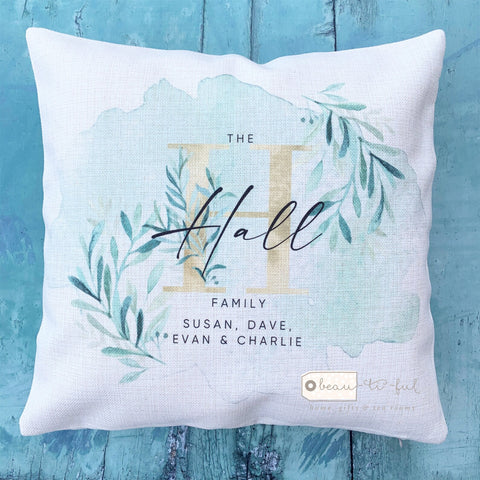 Personalised Monogram Family Names Botanical Gold and Greenery Design Cushion