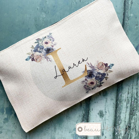 Personalised Name and Initial Mauve Pink Floral Greenery Design Linen Style Make Up Bag