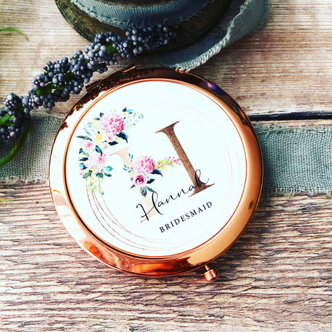Personalised Initial and Name Pink Floral Rose Gold Compact Mirror