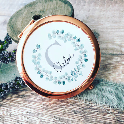 Personalised Initial and Name Eucalyptus Design Compact Mirror